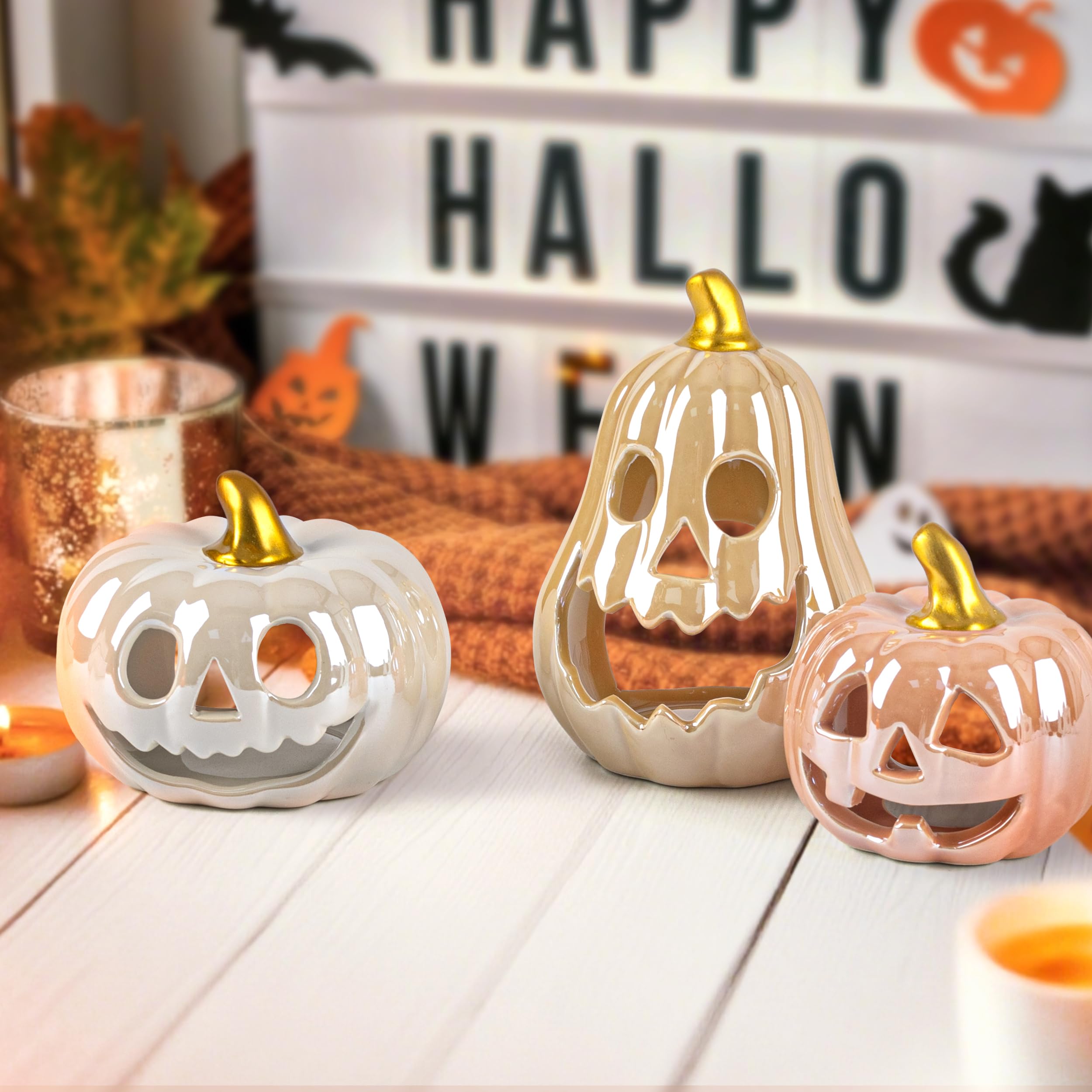 Sunlit Ceramic Pumpkin with 3 Tea Lights, Jack-O-Lantern Candle